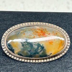 Oval Agate Stone Brooch with Silver Trim